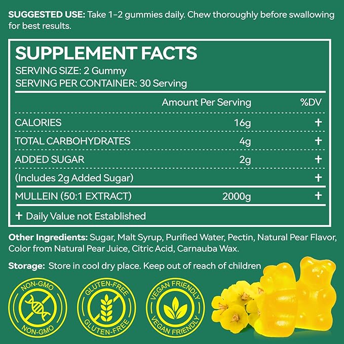 120 Count Mullein Gummies for Lung Cleanse, 2000mg Organic Mullein Leaf Extract for Lung Cleanse and Respiratory Support, Natural Mullein Herbal Supplement, Pear Flavor Gummies