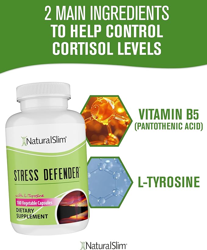 NaturalSlim Stress Relief Supplement - Stress Defender, High Cortisol Reducer, Control Cravings, Sleep & Metabolism Support with Vitamin B5 Pantothenic Acid & L Tyrosine - 180 Vegetable Capsules