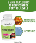 NaturalSlim Stress Relief Supplement - Stress Defender, High Cortisol Reducer, Control Cravings, Sleep & Metabolism Support with Vitamin B5 Pantothenic Acid & L Tyrosine - 180 Vegetable Capsules