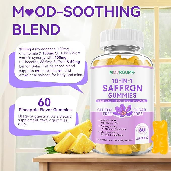 Saffron Gummies for Adult Kids, 10-IN-1 Cortisol Support Supplement with Saffron 88.5mg, Vitamin D3, B6, Magnesium, Zinc, Ashwagandha, L-Theanine, St. John's Wort, For Emotions, Slumber, 60 Count