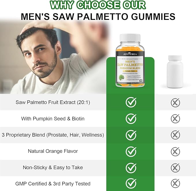 2 Pack Saw Palmetto for Men Gummies, Extra Strength DHT Blocker for Men, with Pumpkin Seed Oil & Biotin, Support Prostate, Urinary Health & Hair Growth, Hormone Balance, Sugar Free, Vegan, 120ct