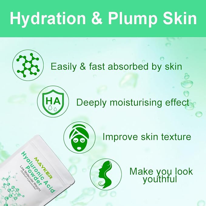 MAYKER Pure Hyaluronic Acid Powder, 1.41 oz | Low Molecular Weight, Cosmetic Grade | For DIY Serums, Creams, Moisturizers | Clear, Watery Texture After Fully Dissolved