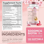 Hair Skin and Nails Vitamins – 5000mcg Biotin with Vitamin C, E, Collagen, Hyaluronic Acid, Argan & Coconut Oil – Luscious Hair Growth & Radiant Skin Supplement for Women – 120 Softgels