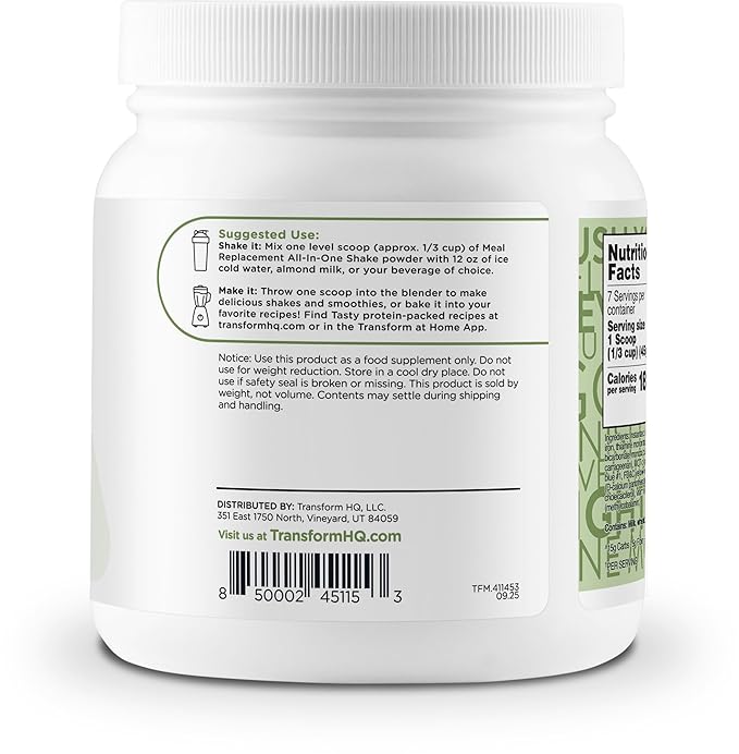 TransformHQ Meal Replacement Shake Powder 7 Servings (Mint Chocolate Chip) - 20G Protein per Serving, Non-GMO
