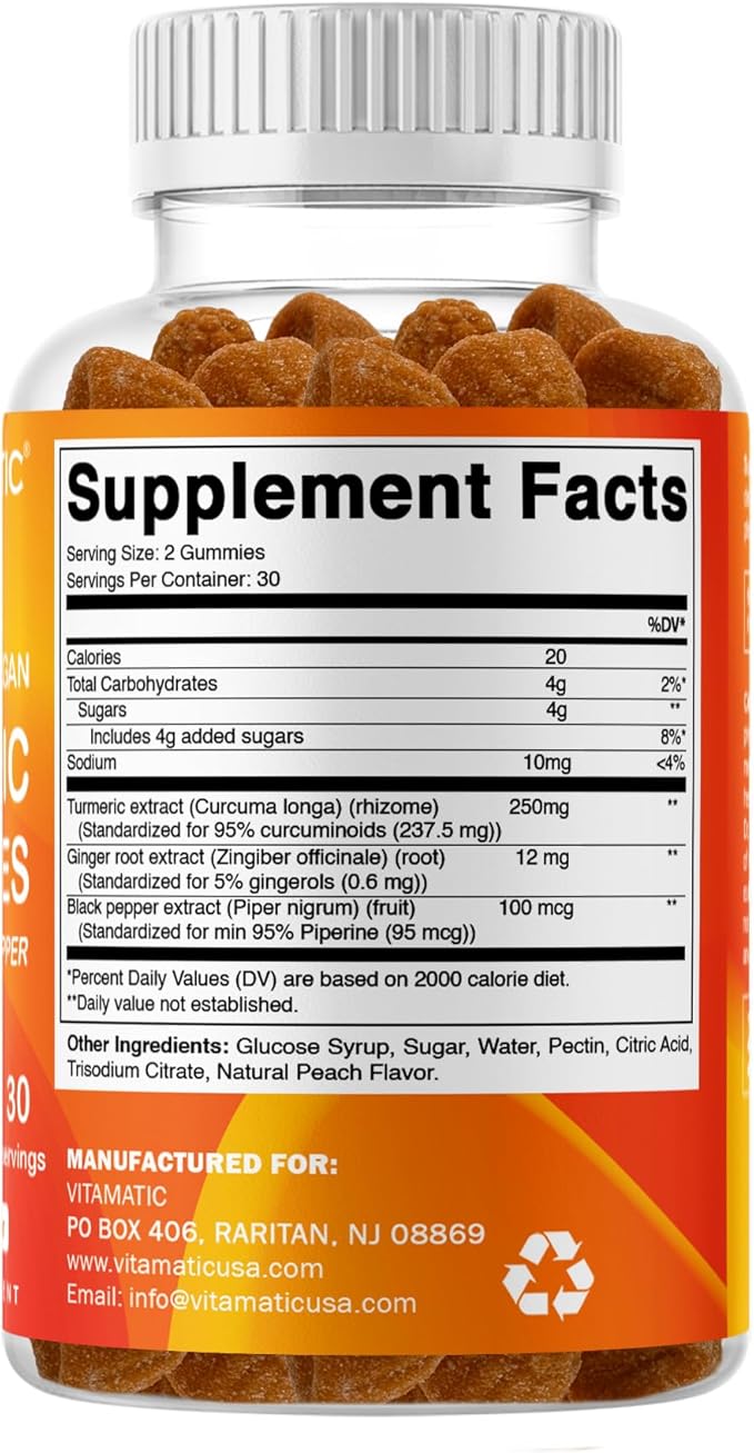 Vitamatic Turmeric Gummies with Ginger & Black Pepper Extract – 60 Vegan Gummies 95% Curcuminoids – Powerful Antioxidant & Inflammatory Support