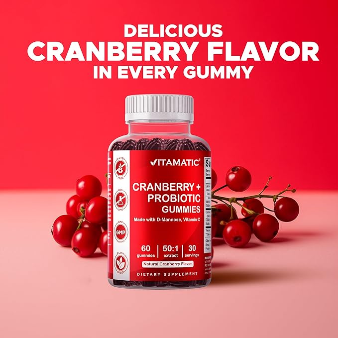 Vitamatic 2 Pack Cranberry Gummies with D-Mannose, Probiotics, Vitamin C – Plant-Based Botanical Extract – Vegan, Non-GMO – 60 Count