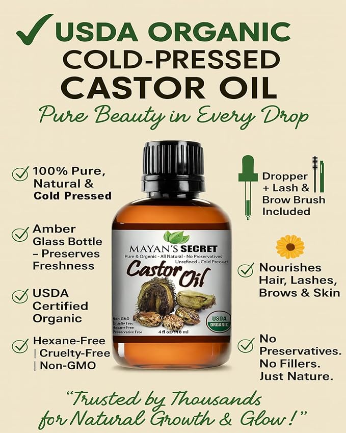 Certified Organic Castor Oil by Mayan's Secret: Nourishing and Strengthening Oil for Hair and Skin