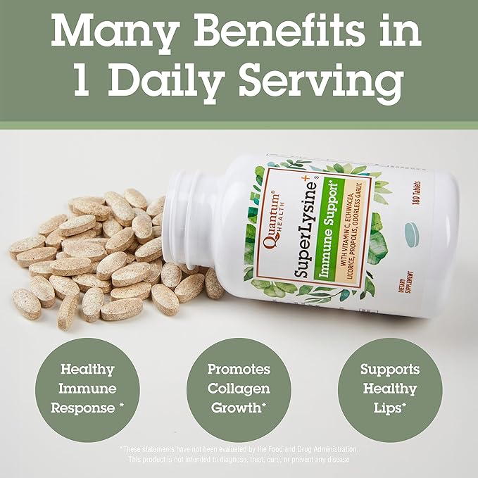 Quantum Health Super Lysine+ / Advanced Formula Lysine+ Immune Support with Vitamin C, Echinacea, Licorice, Propolis, Odorless Garlic (180 Tablets), Packaging may vary