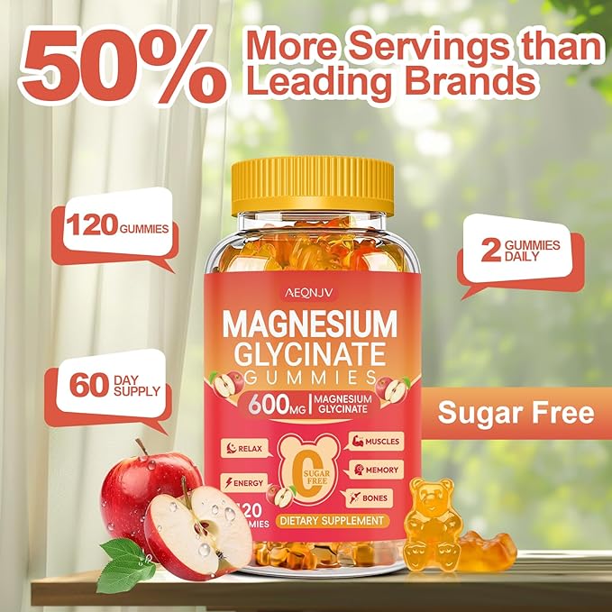 Magnesium Glycinate Gummies 600MG, Chewable Sugar Free Magnesium Citrate for Men & Women, Vitamin B6, D3, Magnesium Supplements for Sleep, Body Support and Relaxation, 60 Day Supply