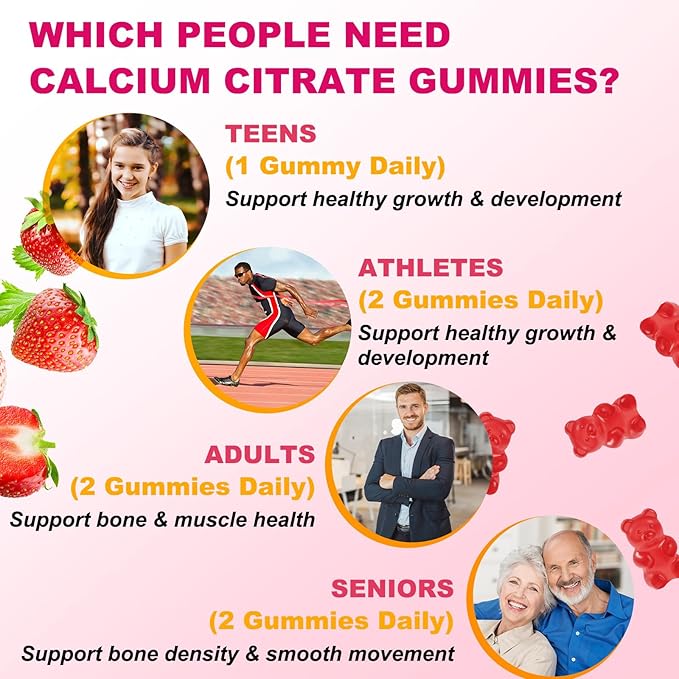 90 Count Calcium Citrate Gummies - Calcium Gummies with Magnesium & 4 Essential Vitamins Support Bone, Muscle, Teeth, Immunity, Calcium Supplements for Women & Men, Strawberry Flavor