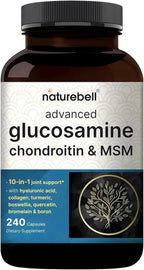 NatureBell Advanced Glucosamine Chondroitin & MSM - 240 Capsules - 10-in-1 Joint Support Complex* - Includes Hyaluronic Acid, Turmeric, Glucosamine, Collagen & More