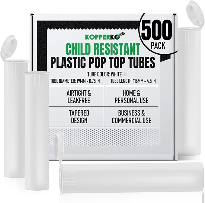 Kopperko Travel Pill Bottles (116mm, 4.6 Inch 500-Pack) | Small Child Proof Container | Mini Storage Tube for Spices | Airtight, UV Resistant & Waterproof (White Plastic)