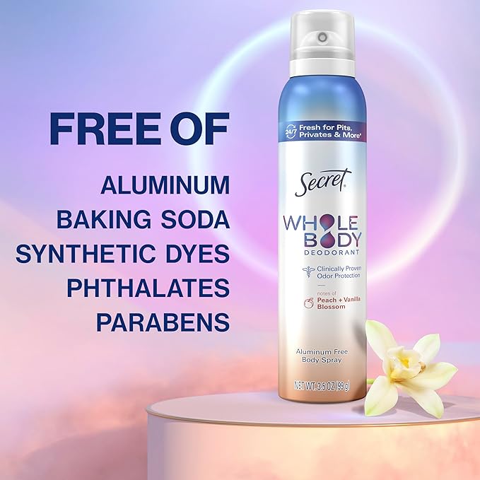 Secret Whole Body Feminine Wash + Deodorant Spray Bundle for Women, Peach + Vanilla Blossom Scent, Aluminum Free, Odor Protection, 8.0 oz & 3.5 oz (Pack of 2)