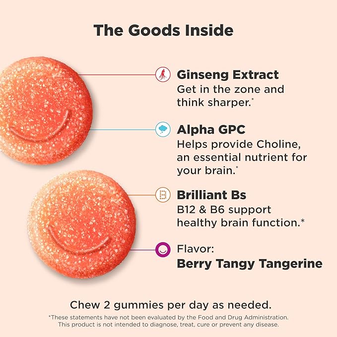 OLLY Laser Focus Gummy, Ginseng, Alpha GPC, B Vitamins, Berry Tangerine Flavor - 36 Count