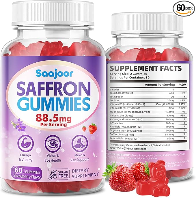 Saffron Gummies for Adult Kids - with Saffron 88.5mg, Vitamins D3 & B6, Magnesium, Zinc, Ashwagandha, L - Theanine, St. John's Wort - Supports Mood & Focus, Strawberry Flavor, 60 Count