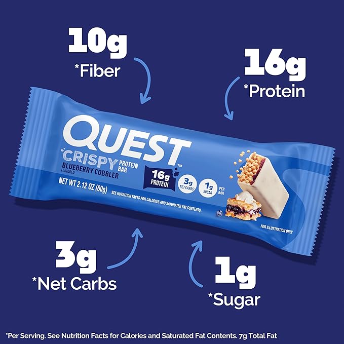 Quest Nutrition Crispy Blueberry Cobbler Hero Protein Bar, 16g Protein, 1g Sugar, 3g Net Carb, Gluten Free Protein Snack, Keto Friendly, 12 Count