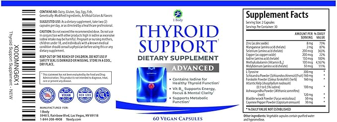 1 Body Thyroid Support Supplement for Women and Men, Selenium with Iodine, Zinc, B12, Ashwagandha and L-Tyrosine, Supports Hormone Health, Energy and Metabolism, 30 Day Supply