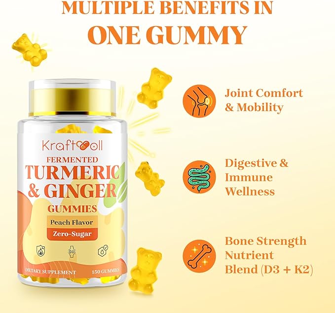 Turmeric Curcumin with Ginger Gummies, Vegan Formula with Fermented Turmeric & Black Pepper, Joint Comfort & Mobility, Sugar-Free with Vitamin D3 + K2, Natural Peach Flavor – 150 Gummies (2 Bottles)