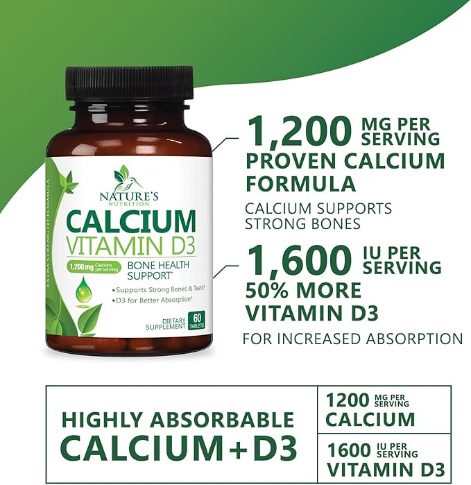 Calcium Supplement with Vitamin D3-1200 mg Calcium per Serving with D3 for Best Absorption - Supports Immune Health, Bones & Teeth - Nature's Calcium is Bottled in USA for Women & Men - 60 Tablets