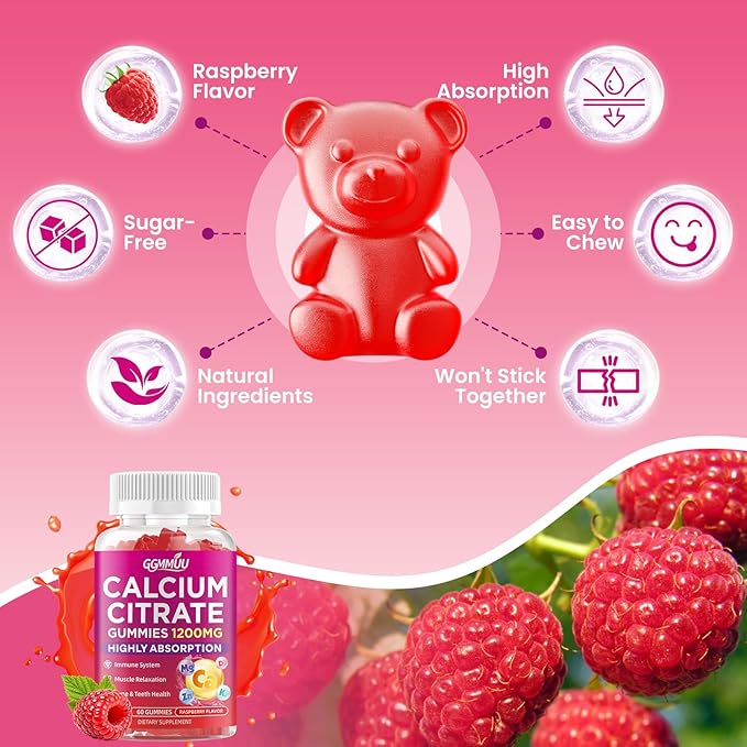 2 Pack Calcium Citrate Gummies 1200mg, High Absorption Calcium Supplements for Women & Men, Sugar Free Calcium Gummies for B0ne, Muscle & Immune Support, Non-GMO, Raspberry Flavor 120 Count