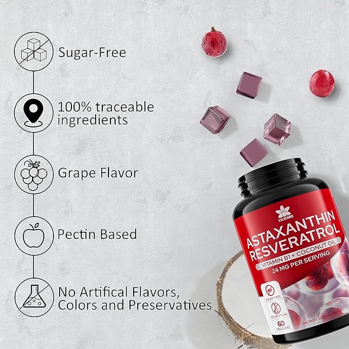 Astaxanthin Supplements 24mg Gummies with Resveratrol, Vitamin B1, Coconut Oil - Algae Organic Antioxidants for Men & Women Healthy Aging, Skin, Eyes, Immune - Vegan, Sugar-Free, Non-GMO, 120 Servings