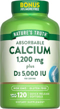 Nature's Truth Absorbable Calcium 1200 mg with Vitamin D3 5000 IU | 120 Softgels | Calcium Carbonate | Non-GMO & Gluten Free Supplement