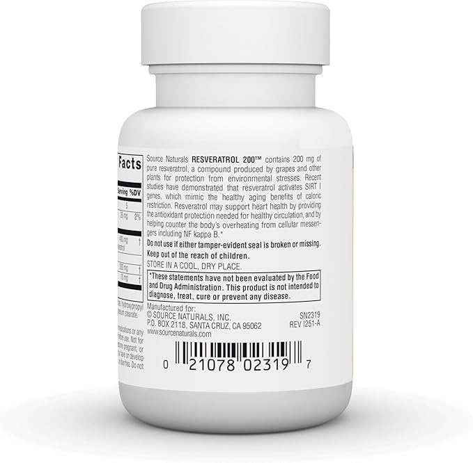 Source Naturals Resveratrol 200 mg for Heart and Healthy Aging* - 200 mg -30 Vegan Capsules