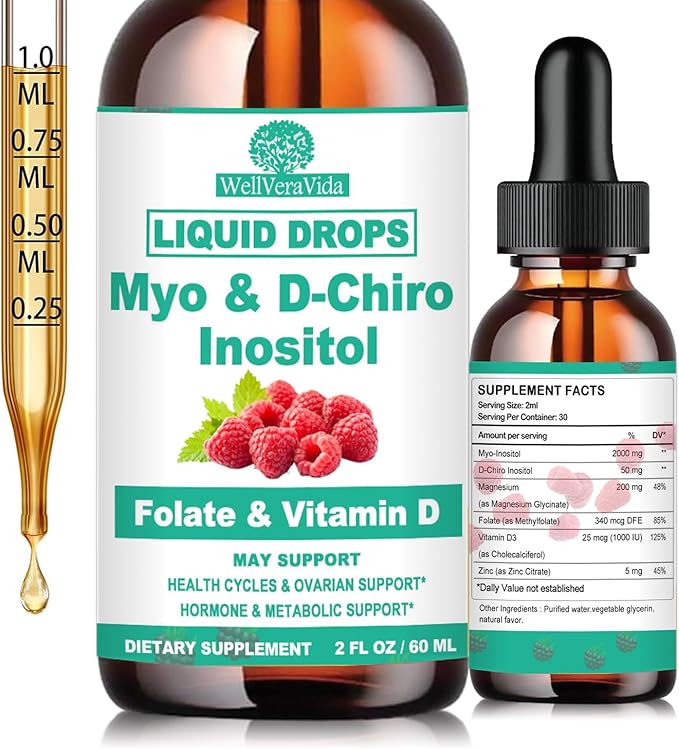 Myo Inositol & D-Chiro Inositol Supplement Liquid for Women- Ideal 40:1 Ratio Inositol Drops with MTHF Folate, Magnesium, Vitamin D, Supports Hormone Balance, Regular Cycles & Ovarian Health丨Vegan