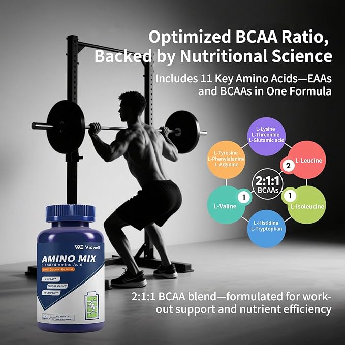 Amino Acid, Supports Muscle Recovery and Lean Muscle Growth, Enhances Energy and Endurance, Contains Essential Amino Acids and BCAAs, 180 Capsules (2 Bottles)