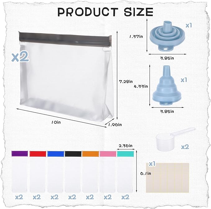 Protein Powder Travel Container Set, Travel Protein Powder Container to Go Supplement Reusable Portable with Funnel Spoon Label, 14pcs Single Dose Bags and 2pcs Large Zip Bags Supplement Storage