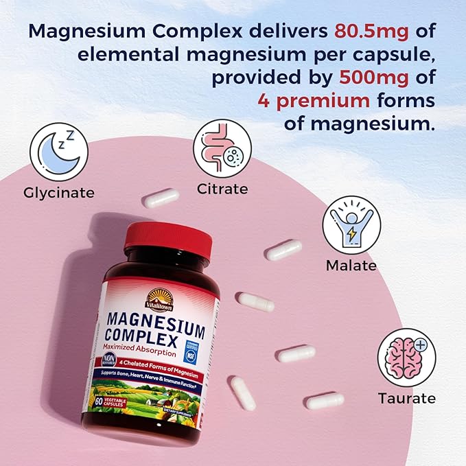 Vitalitown Magnesium Complex Supplement 500mg - NSF Certified Magnesium Glycinate, Malate, Taurate & Citrate - Chelated High Absorption & Gentle on Stomach - Vegan Non-GMO 60 Capsules