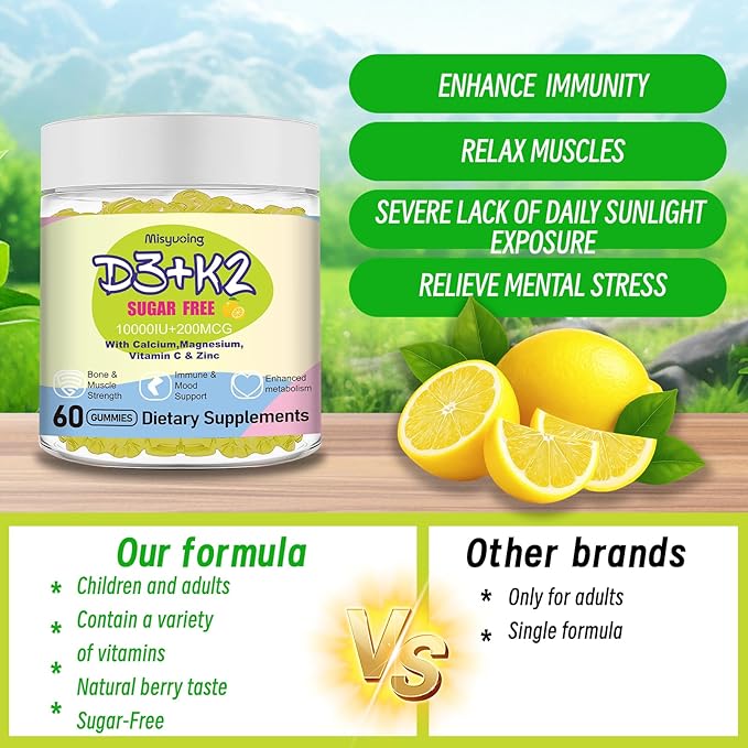 Vitamin D3K2 Gummies,Vitamin D3 10000 IU with K2 200mcg,VitaminC,Calcium,Magnesium,Zinc,Support for Bones,Joints,Muscles,Nerves,and Immune System (60, Lemon，Sugar-Free)