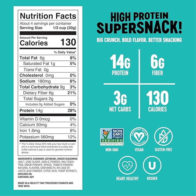 The Only Bean Edamame Dry Roasted Low Carb Snacks (Ranch), Vegan Gluten Free Snacks, Healthy Snacks for Kids and Adults, High Protein Snacks, Keto Snacks, Diabetic Snacks, 4oz (Pack of 3)