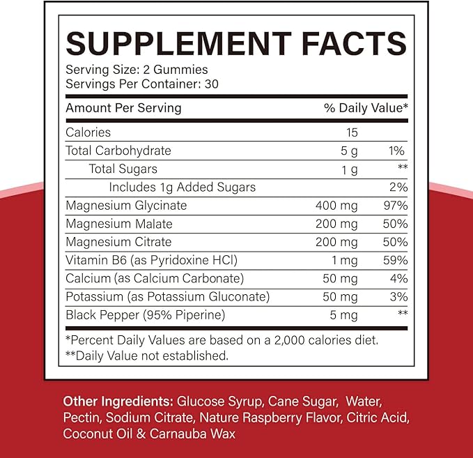 Triple Magnesium Complex 900 mg, Magnesium Glycinate, Citrate, Malate with Potassium, Calcium, Vitamin B6 for Calm & Sleep - Vegan, Non-GMO, Gluten Free - 60 Raspberry Gummies for Adults