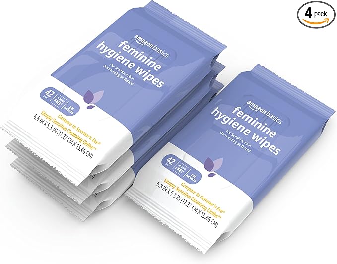 Amazon Basics Flushable Feminine Hygiene Wipes, pH Balanced, Gynecologist Tested, Septic and Sewer Safe, Fresh Scent, Alcohol Free, 168 Count (4 Packs of 42)