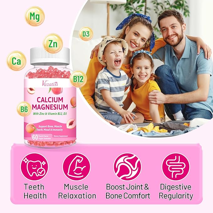 2 Pack Calcium Magnesium Zinc Gummies with Vitamin D3 B12, Calcium Supplements for Women Men, Peach Flavor 120 Cts