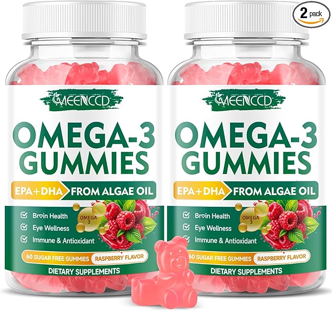2 Pack Omega-3 Gummies 1000mg, Omega 3 Fish Oil Alternative for Adults, Algae-Based DHA 600mg & EPA 300mg + Vitamins A, C, E, Zinc, Supports Overall Wellness, Raspberry Flavor, 120 Count