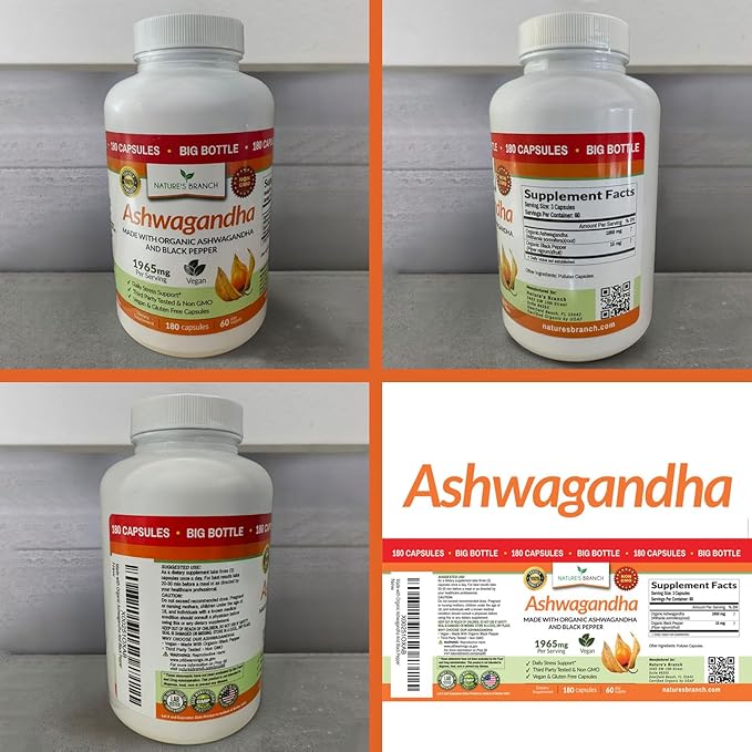 UDAF Certified Organic Ashwagandha with Black Pepper, 1965mg - Extra Strength for Stress, Sleep, Mood, Thyroid, Energy, Hair, Vegan Pure Root Extract Powder Supplement for Men and Women | 180 Capsules