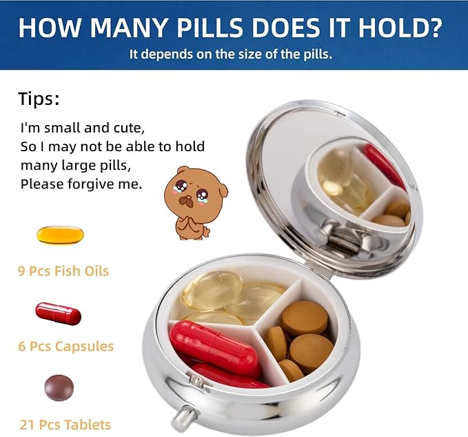 Medicine Organizer Box Pocket Pharmacy Bling Travel Pill Case Box for Purse Mini Pill Holder Organizer Small Pill Container for Vitamin(Silver)