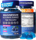 Blueberry Flavor Magnesium Glycinate Gummies 400mg – High Absorption Supplement for Adults and Kids, Sugar Free, Gelatin Free, Vegan Friendly, 60 Day Supply (60, Blueberry)