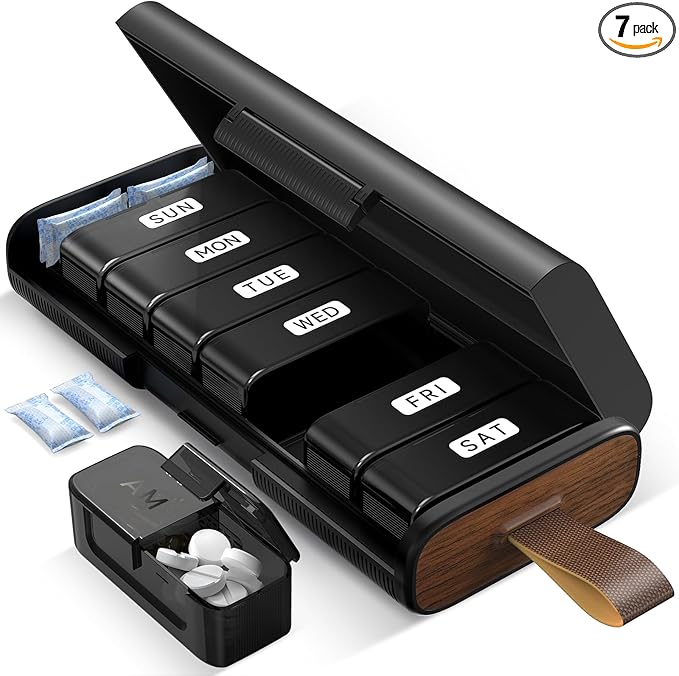 Weekly Pill Organizer 2 Times a Day, 7 Day AM PM Pill Box with Built-in Desiccant, Portable Medicine Case with 7 Detachable Containers for Vitamins & Supplements