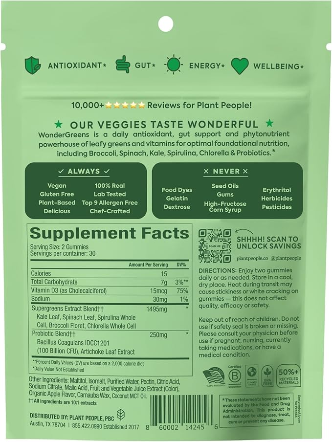 Plant People WonderGreens Veggie Gummies Super Greens with Probiotics Multivitamin Support Gummy for Wellbeing, Energy, Immune and Gut Health, Green Apple Flavor (60 Count)