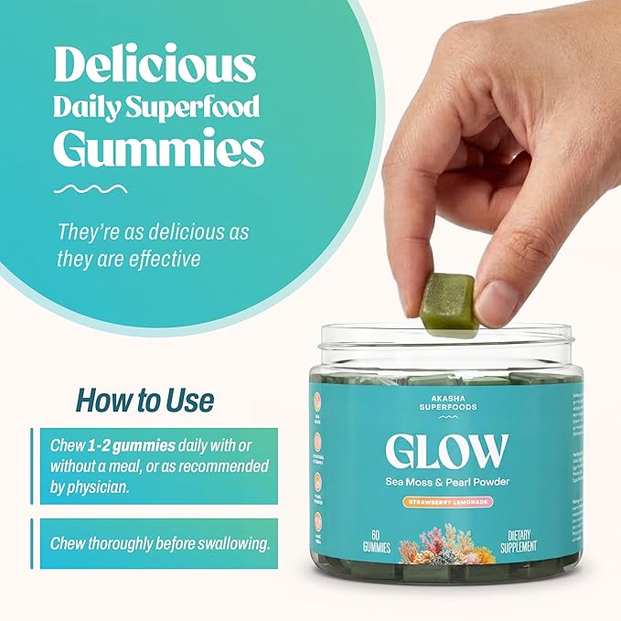 Akasha Superfoods Sea Moss Glow Gummies, Hair, Skin & Nails Vitamins with Seamoss, Pearl Powder, Vitamin E, Aloe Vera, Liposomal Vitamin C, and Irish Sea Moss, Gummies for Women & Men, 60 Count