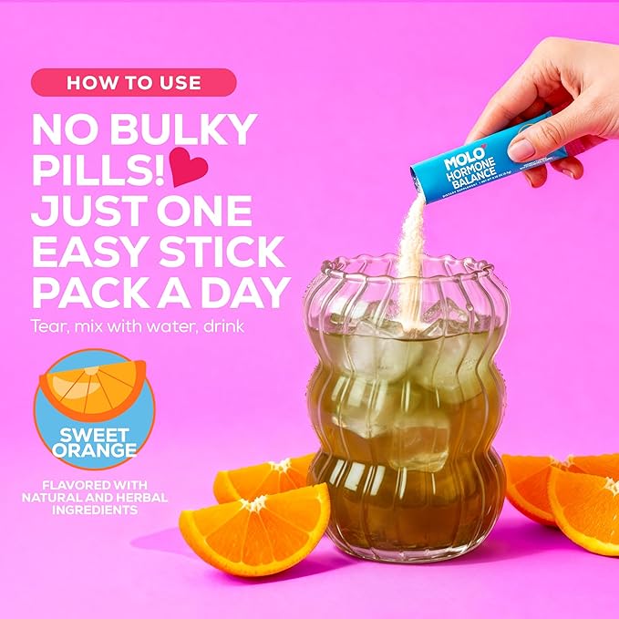 MOLO Hormone Balance for Women – ALA for Cycle Regulation, Magnesium & Zinc for Mood Support and Hormone Balance - 30 Stick Packs with Sweet Orange Flavor – Vegetarian, Gluten-Free & Non-GMO