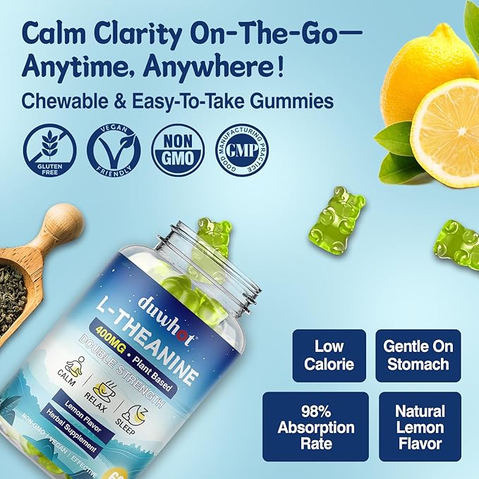 duwhot L Theanine Gummies, 200/400mg L-Theanine Supplement for Adults & Kids, Natural Stress Relief, Relaxation, Zzz & Focus Support Gummy, Organc,Vegan, Low Sugar,Non-Drowsy,Lemon Flavor,60 Chewables