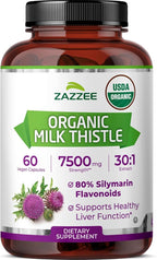 Zazzee USDA Organic Milk Thistle 30:1 Extract, 80% Silymarin, 60 Vegan Capsules, 2 Month Supply, Certified Kosher, High Potency Liver & Antioxidant Support, Silybum Marianum, Non-GMO, Made in the USA