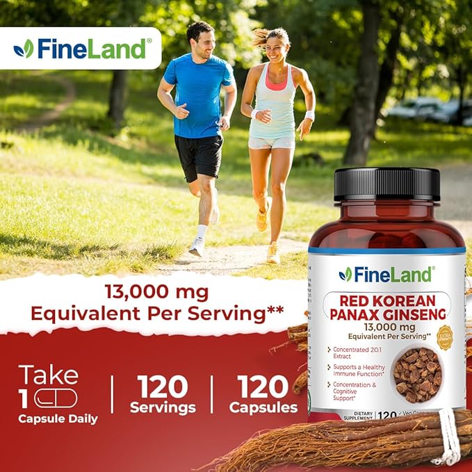 FineLand Red Korean Panax Ginseng 20:1 Extract - Concentrated Immune & Cognitive Support Supplement for Men & Women - 120 Veggie Capsules