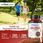 FineLand Red Korean Panax Ginseng 20:1 Extract - Concentrated Immune & Cognitive Support Supplement for Men & Women - 120 Veggie Capsules