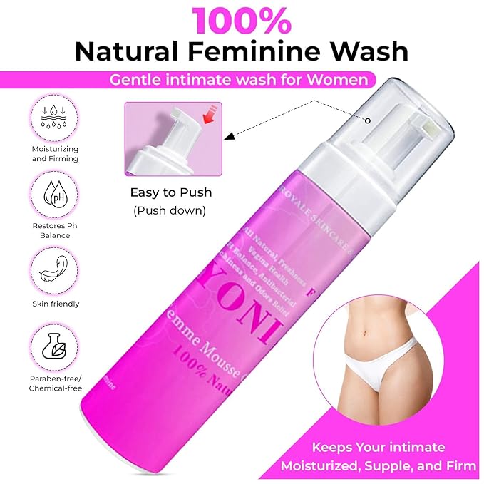 100% Natural Feminine Wash - 250 ml pH-Balanced Yoni Femme Mousse - Daily Intimate Cleansing Wash for Sensitive Skin - Gentle Vaginal Cleanser for Women