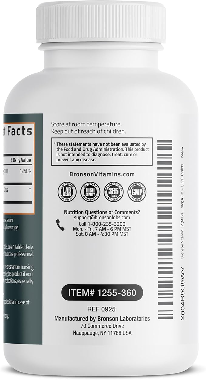 Bronson Vitamin K2 (MK7) with D3 Supplement Extra Strength 2 in 1 Support, 10,000 IU Vitamin D3 & 120 mcg K2 MK-7, 360 Tablets